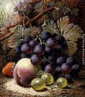 Peach Canvas Paintings - Still Life with Black Grapes, a Strawberry, a Peach and Gooseberries on a Mossy Bank